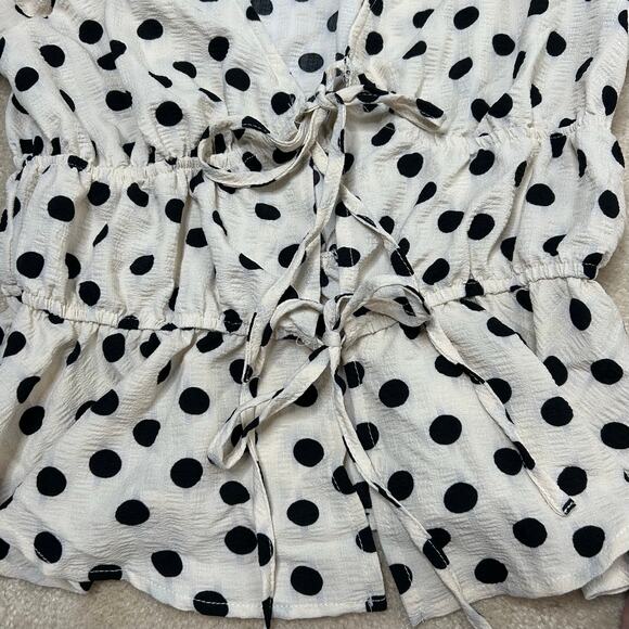 SHEIN Frenchy Polka Dot Print Tie Front Short Puff Sleeve Blouse Sz M - Picture 11 of 12